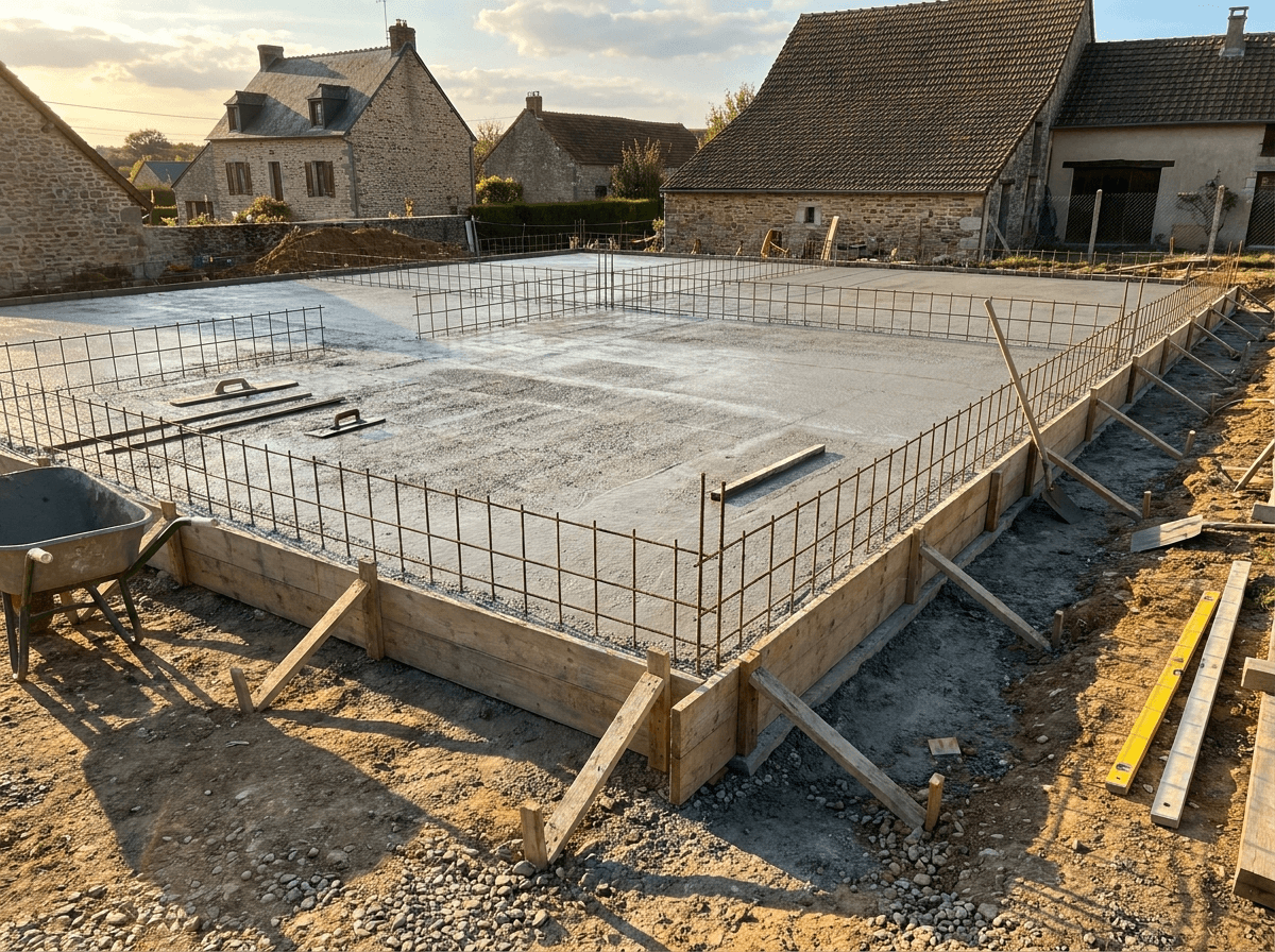 Dalle en béton armé fraîchement coulée, ferraillage apparent, sur un chantier de maison individuelle