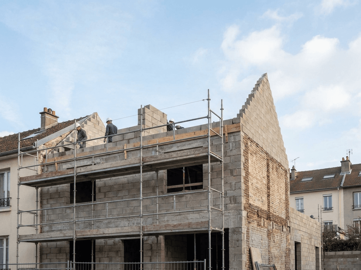 Façade en cours de construction, échafaudage et ouvriers posant la dernière assise de parpaings contre un pan de mur ancien en briques