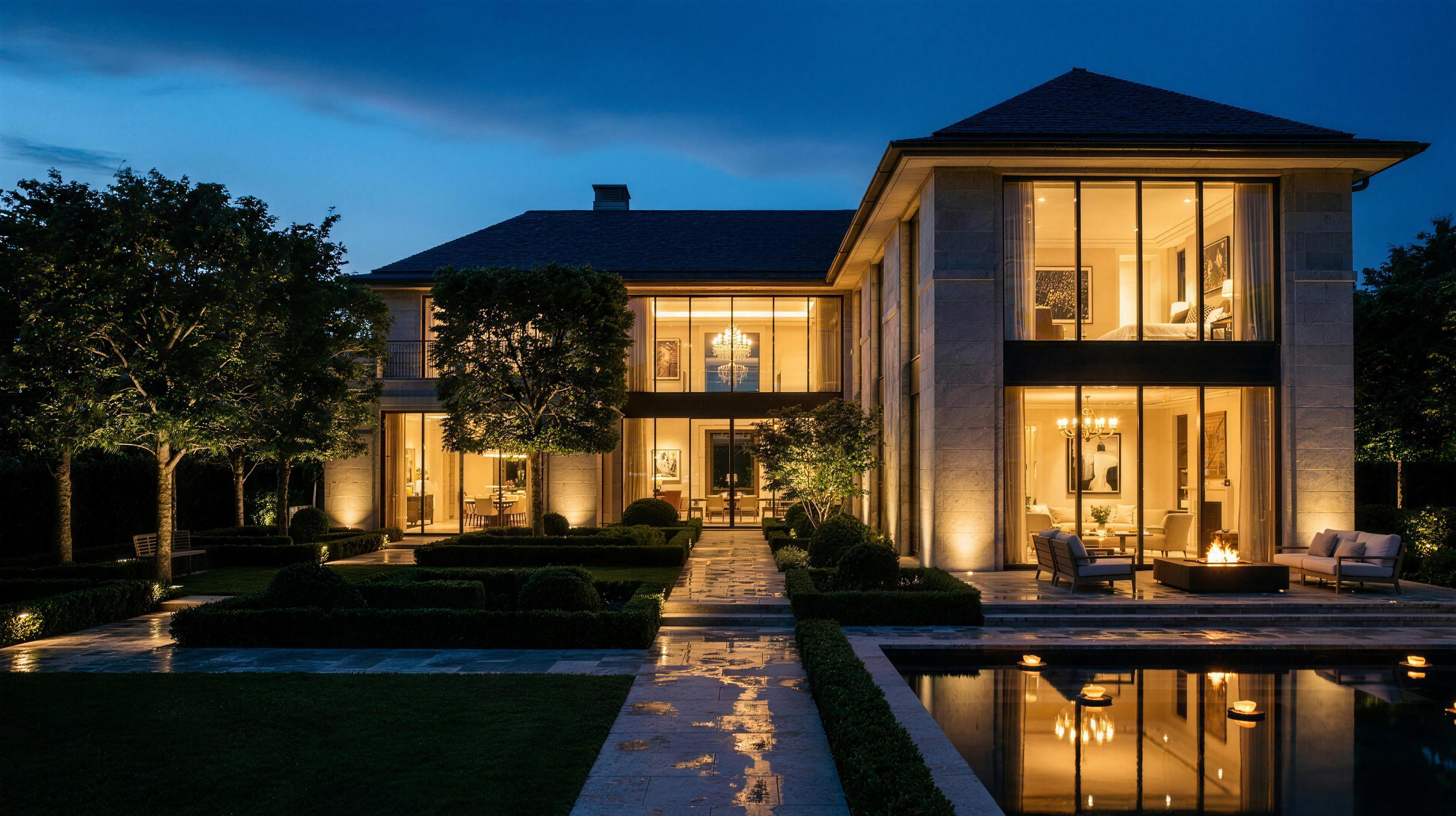 Villa contemporaine illuminée à la tombée de la nuit