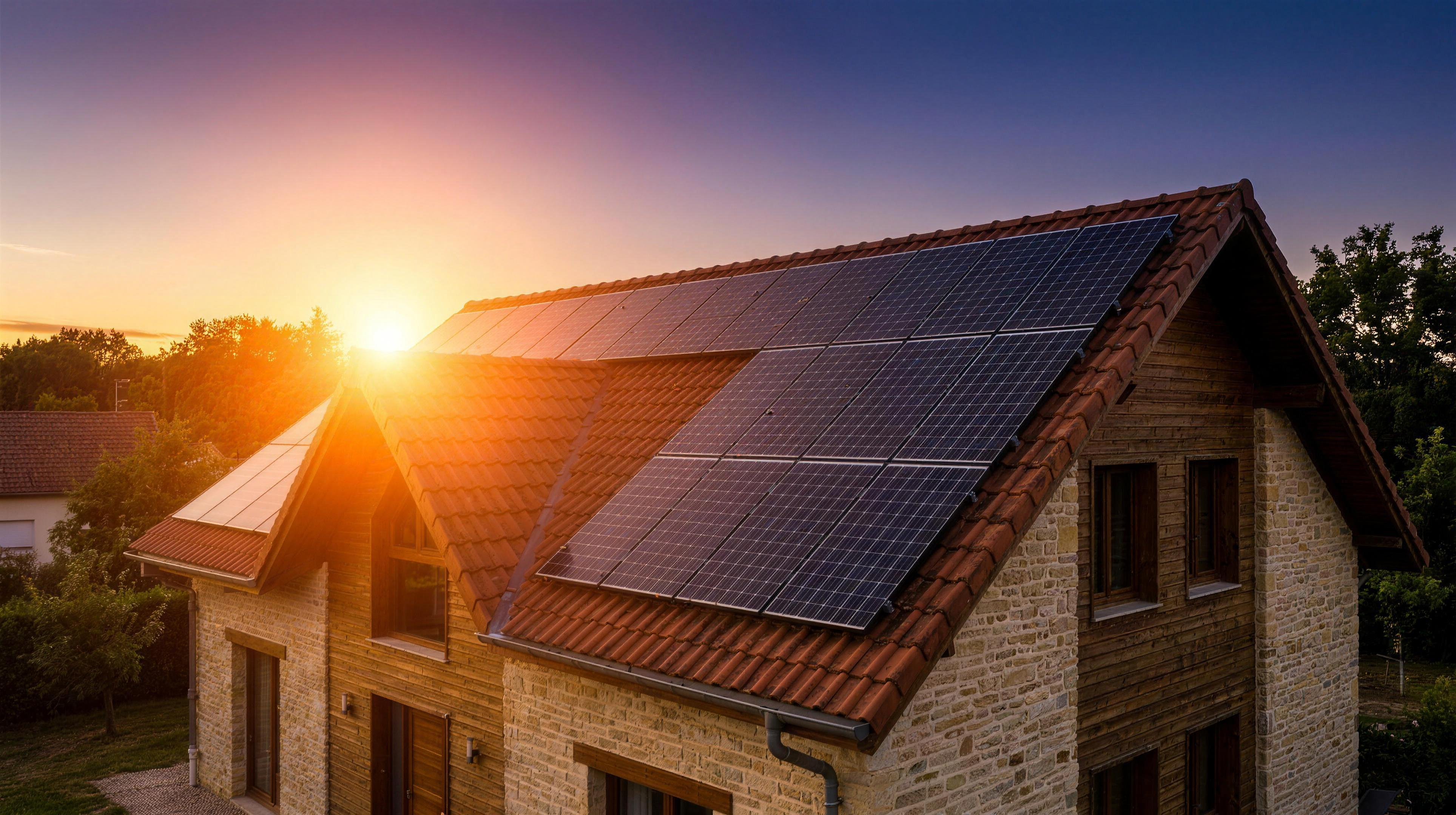 Panneaux solaires sur une toiture au coucher du soleil