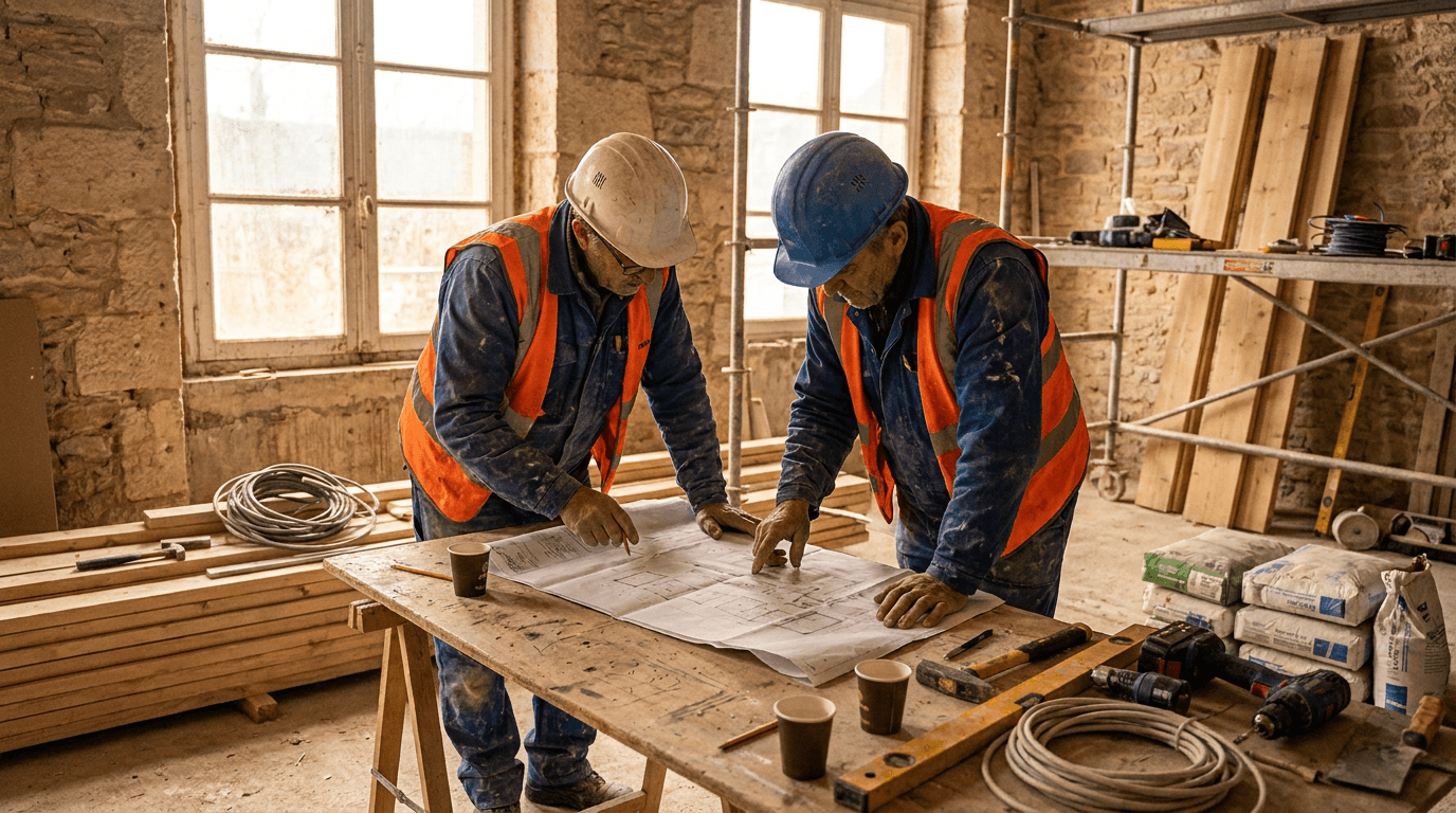 Artisans Geoenergy Habitat étudiant des plans sur un chantier de rénovation