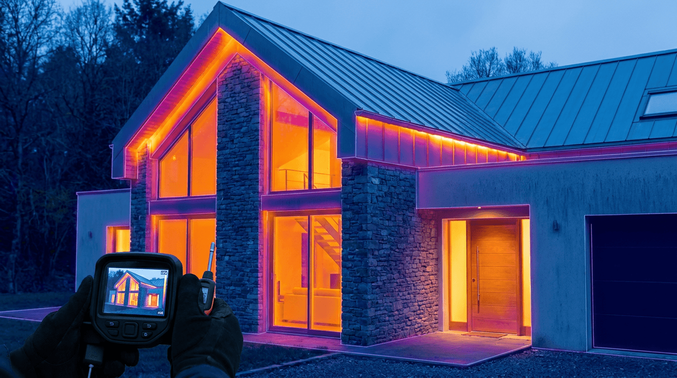 Thermographie infrarouge d'une façade révélant les déperditions de chaleur