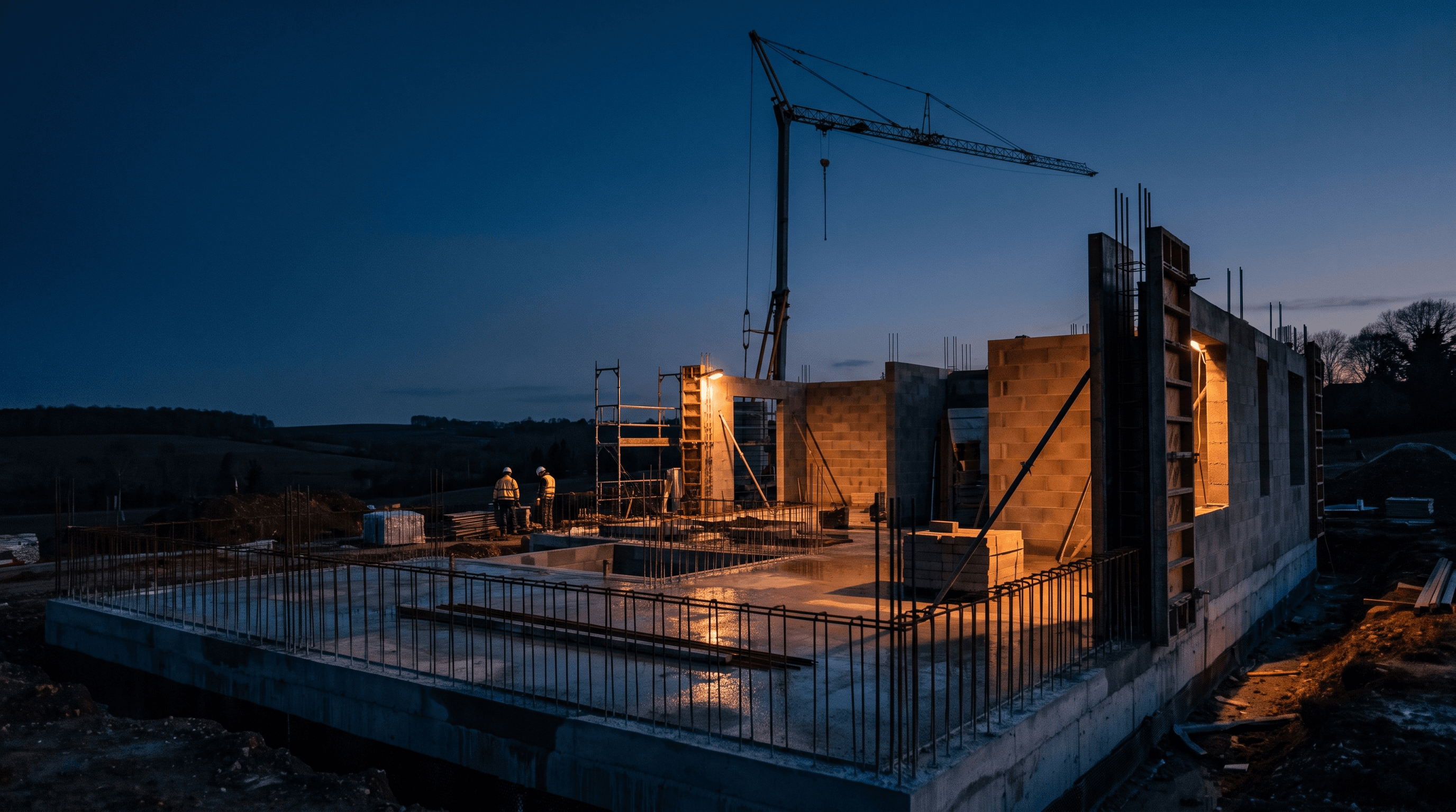 Chantier de gros œuvre à l'heure bleue : fondations en béton armé, murs porteurs en parpaings et grue au-dessus de la dalle