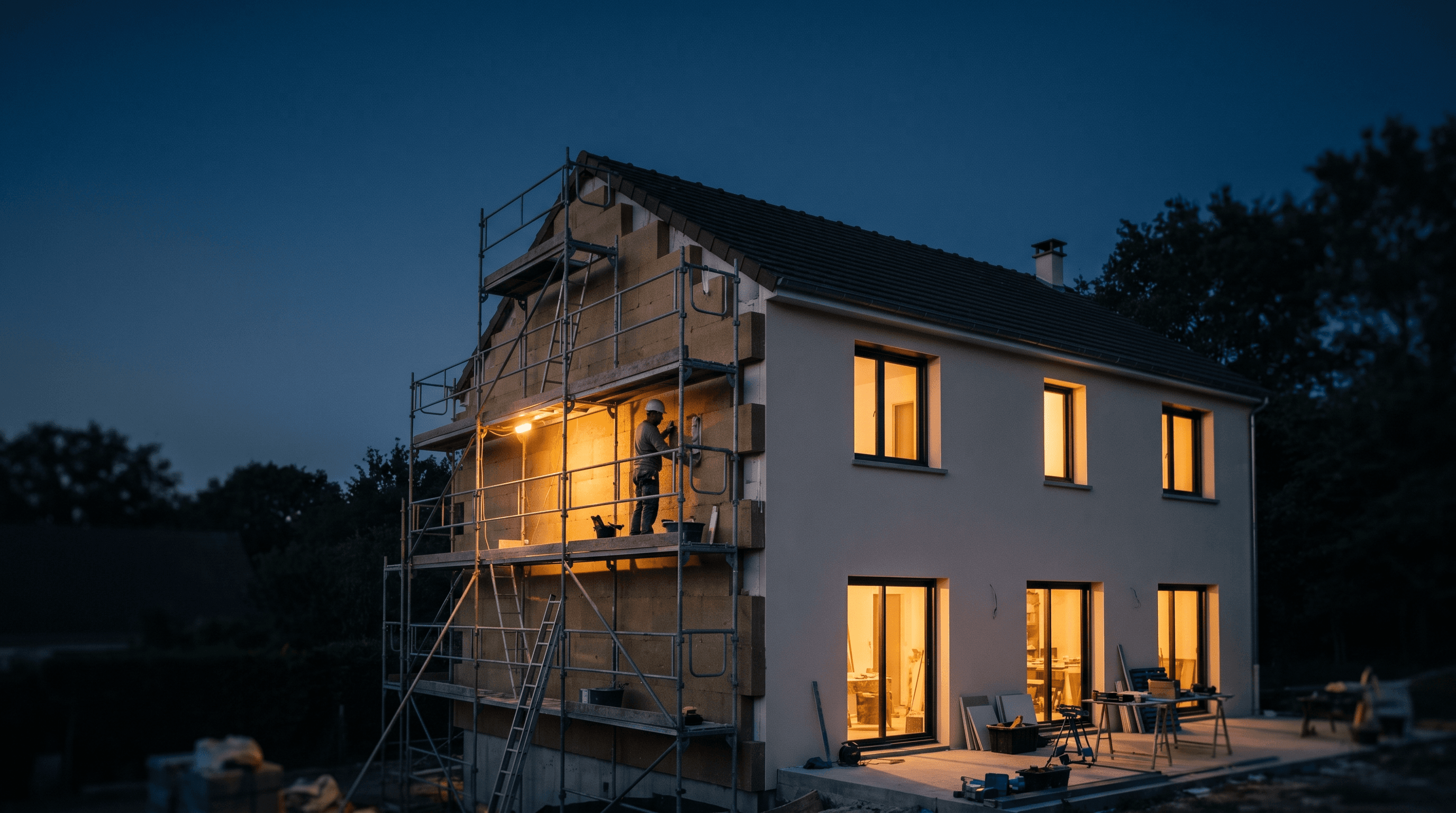 Maison en rénovation énergétique à l'heure bleue : isolation thermique par l'extérieur posée sur échafaudage et façade déjà finie aux fenêtres éclairées